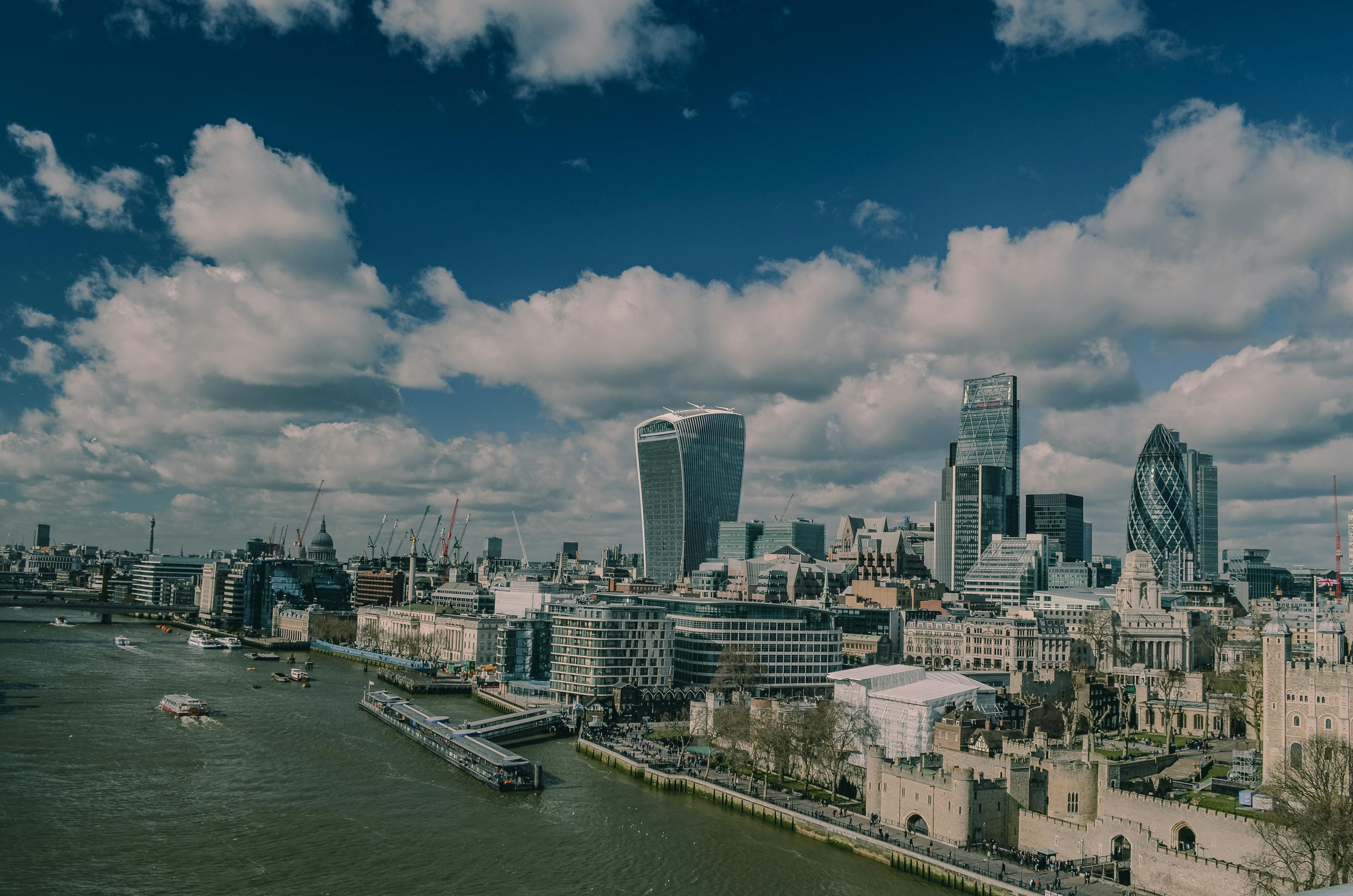 London skyline with commercial buildings and the River Thames.