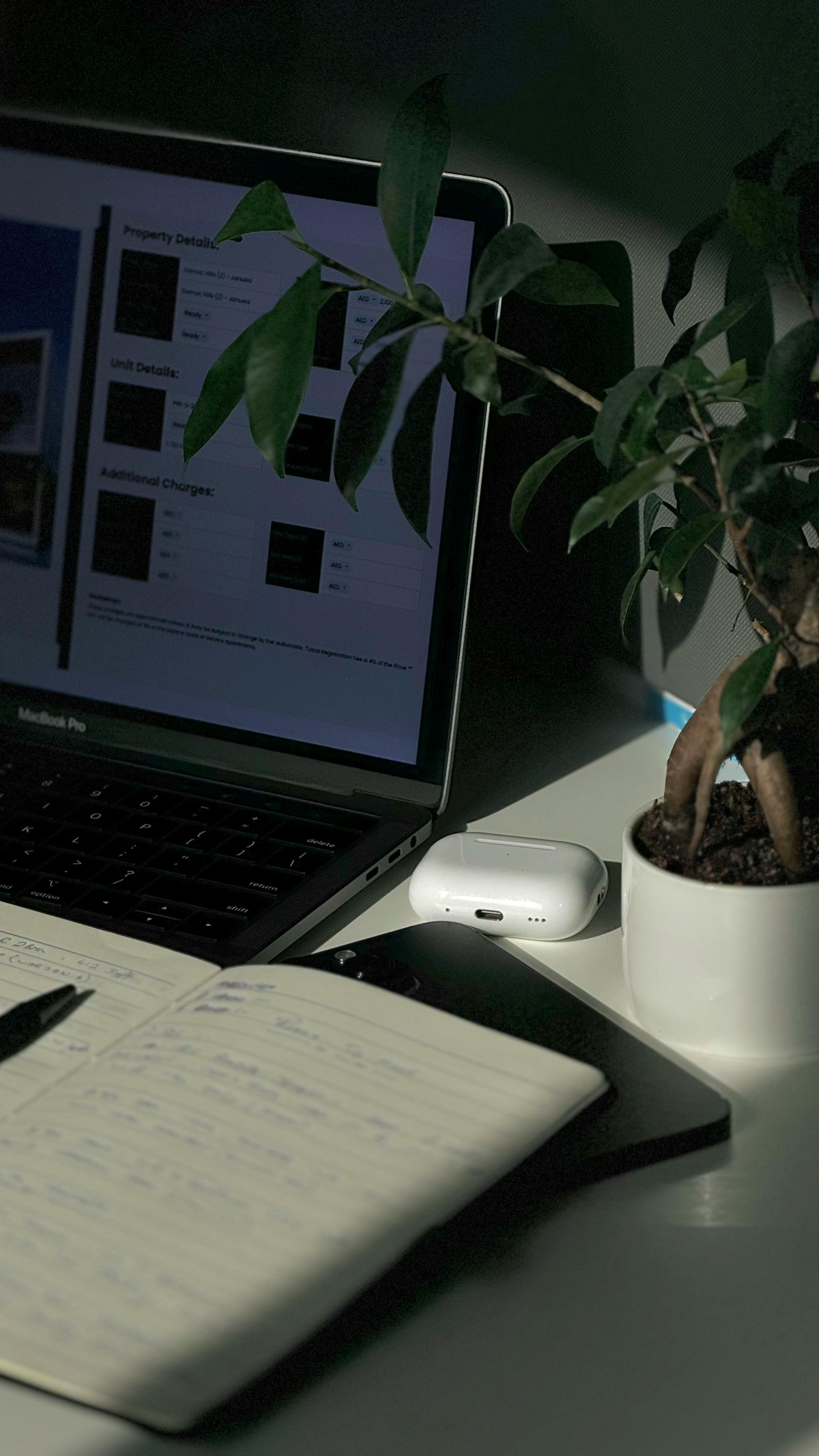 Workspace with laptop, notebook, and plant in soft low light.